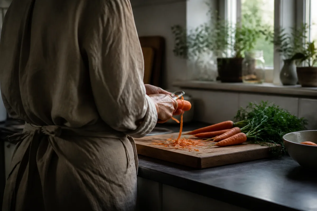 Marc Lemoine de trois quarts arrière, mains qui épluchent des carottes