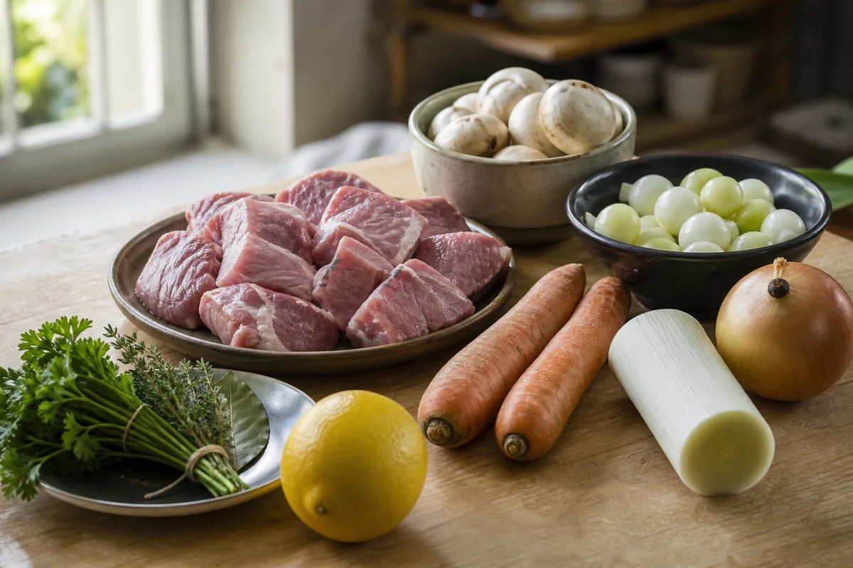 Mise en place de la blanquette : tendron et épaule de veau en morceaux, carottes, poireau, oignon piqué d'un clou de girofle, bouquet garni et champignons sur une table en bois