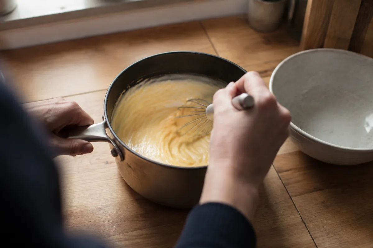 Mains vues de dos qui fouettent la liaison au jaune d'œuf dans une casserole de sauce blanche retirée du feu, cuisine de maison