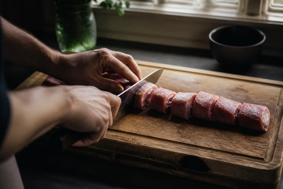 Mains vues de dos qui coupent un tendron de veau en morceaux réguliers sur une planche en bois, couteau de chef, lumière de fenêtre