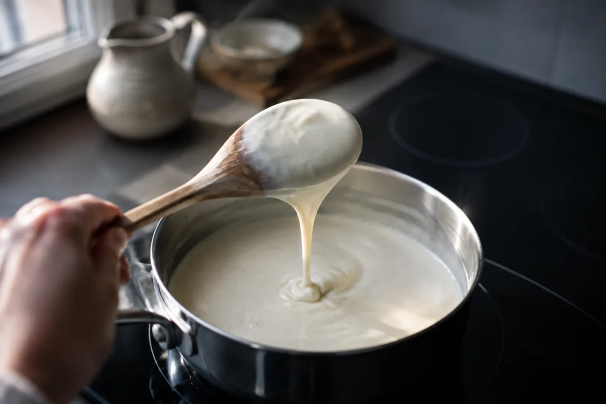 Velouté blanc qui nappe le dos d'une cuillère en bois tenue par une main vue de dos au-dessus d'une casserole, cuisine de maison, jour