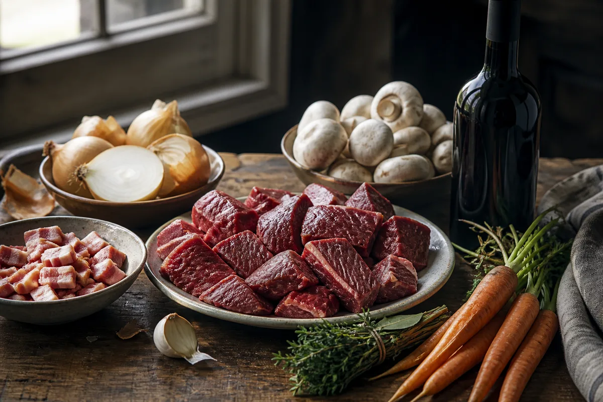 Mise en place du bourguignon : paleron en morceaux, lardons, oignons, carottes, ail, bouquet garni, champignons et bouteille de vin rouge sans étiquette lisible