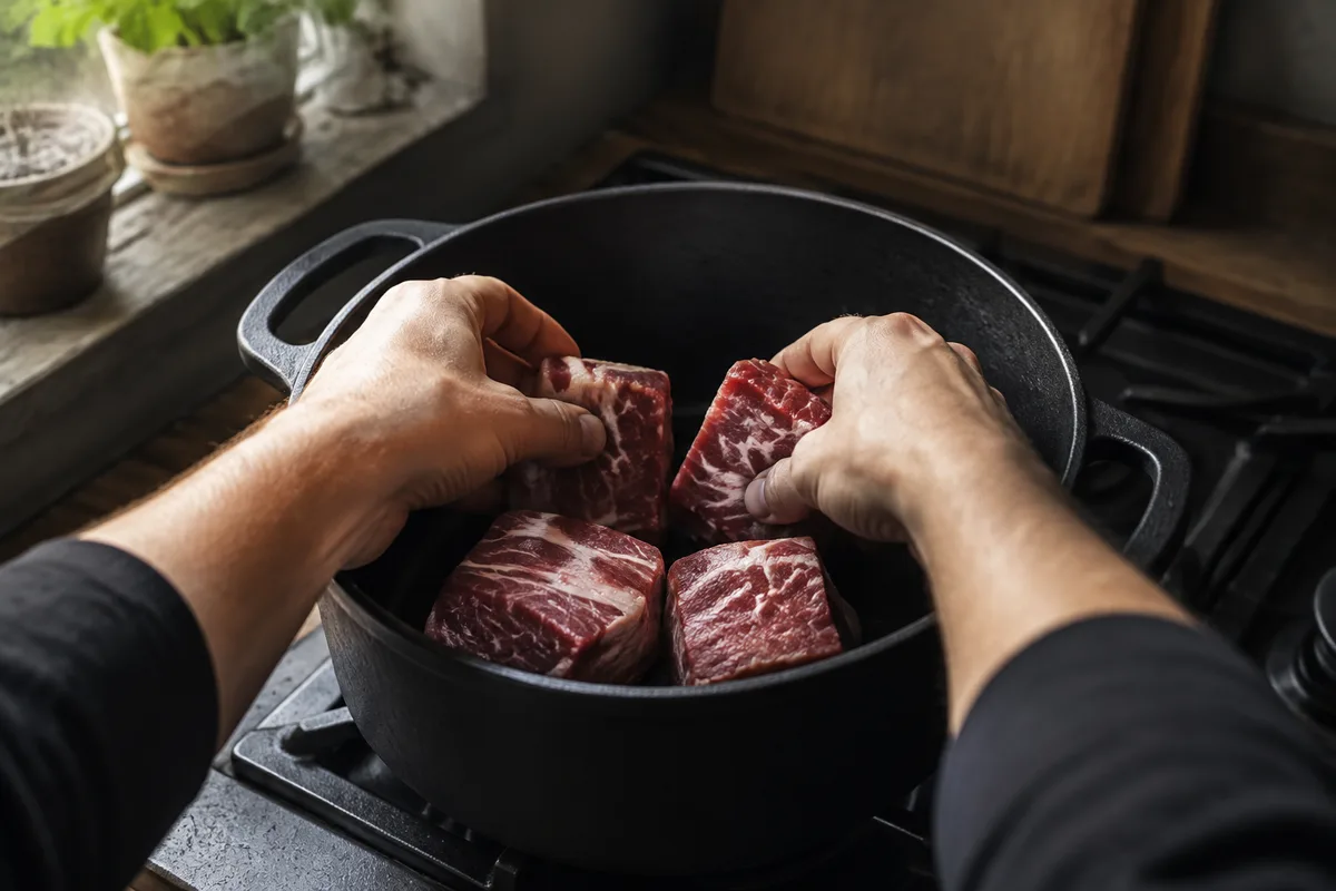 Mains vues de dos qui saisissent quatre morceaux de paleron dans une cocotte en fonte, plaque de cuisson, jour de fenêtre