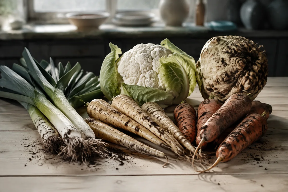 Légumes d'hiver bruts posés sur une table en bois : poireaux, chou-fleur, céleri-rave, panais, lumière de fenêtre