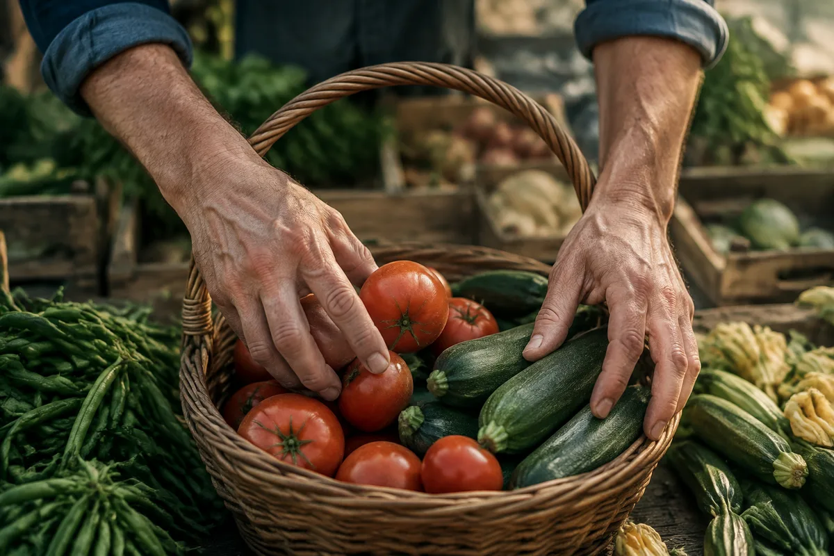 Mains seules qui trient tomates et courgettes dans un panier en osier sur un marché d'été, jour