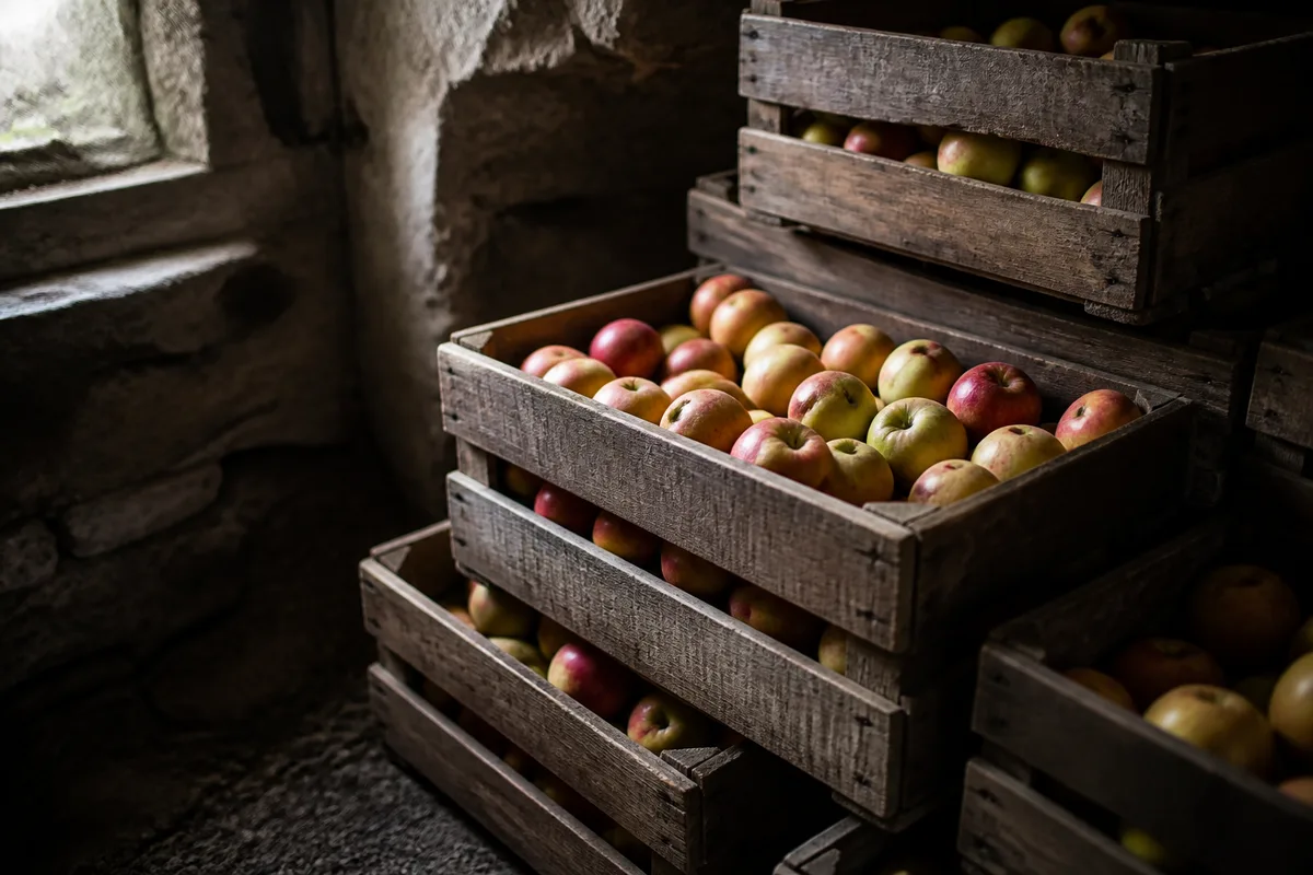 Pommes de garde en cagettes de bois dans une resserre éclairée par une fenêtre, sans personne