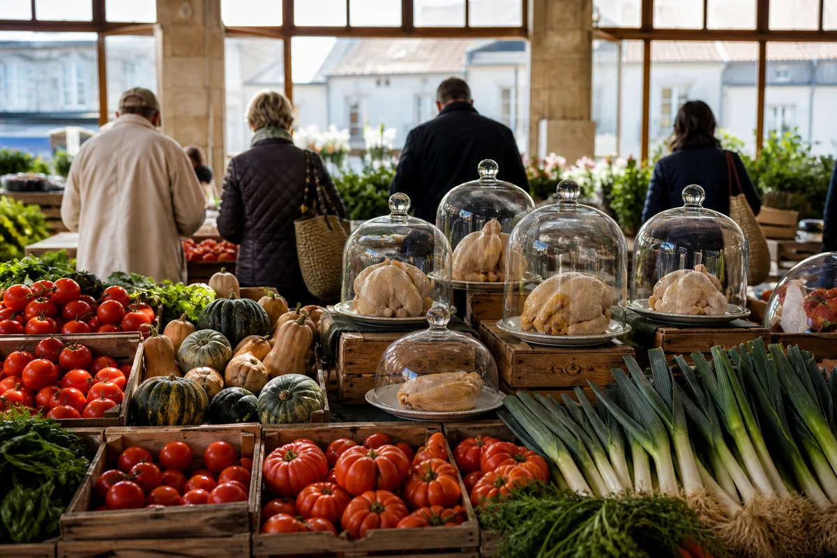 Étal de marché de village, cagettes de légumes, personnes de dos