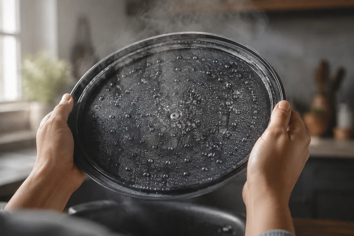 Dessous de couvercle de cocotte en fonte à picots, gouttes de condensation, tenu à deux mains vues de dos au-dessus du plan de travail