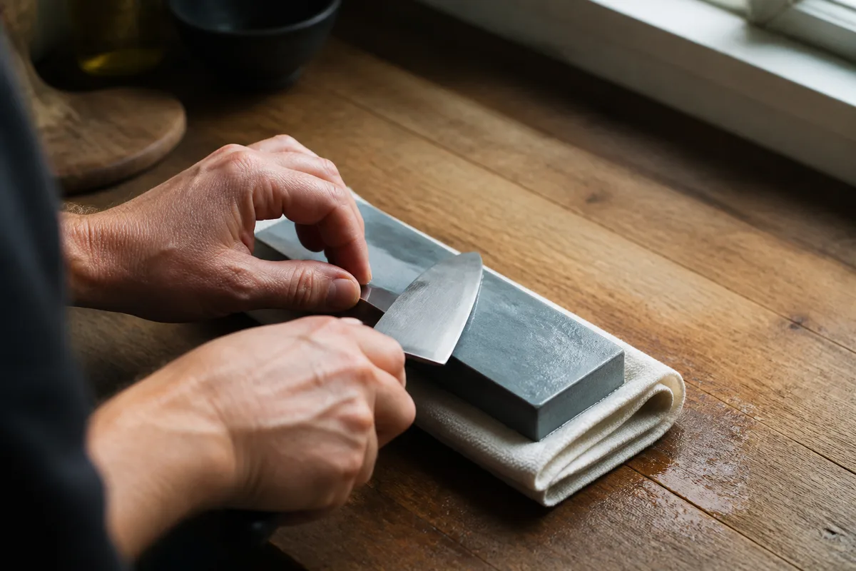 Mains vues de dos qui aiguisent un couteau de chef sur une pierre à eau posée sur un torchon, plan de travail en bois, jour