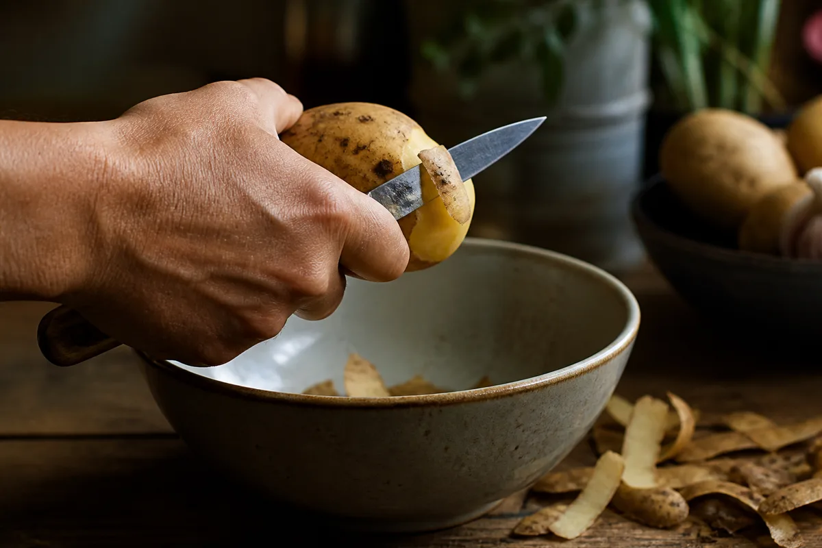 Main vue de dos qui tourne une pomme de terre au couteau d'office au-dessus d'un saladier, épluchures sur la table, jour