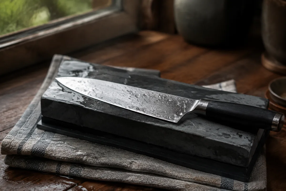 Couteau de chef posé sur une pierre à eau mouillée, gouttes sur la lame, torchon plié dessous, lumière de fenêtre, sans personne