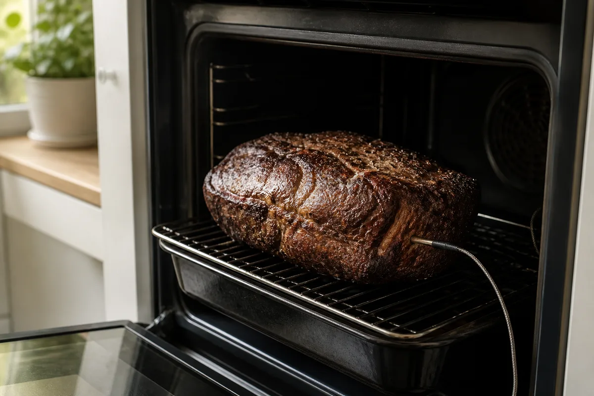 Rôti de bœuf saisi puis posé sur la grille d'un four, thermomètre à sonde planté à cœur, four éteint, lumière de jour