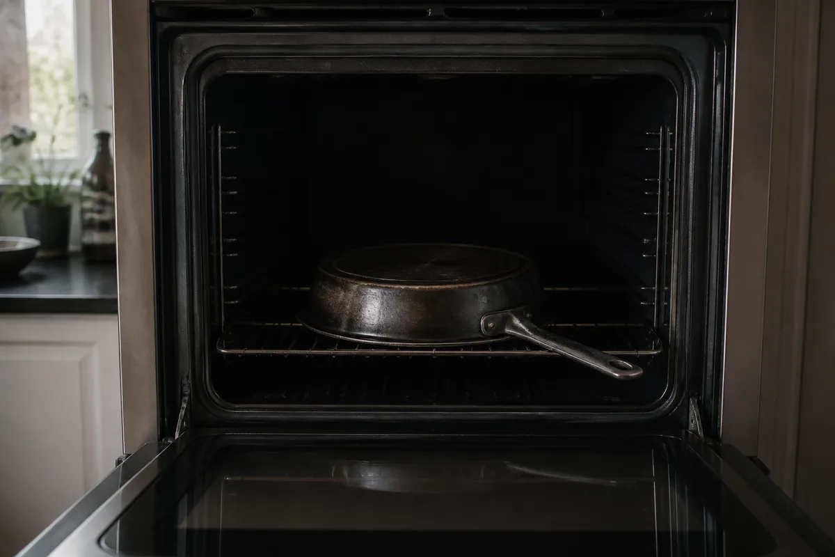Poêle en acier posée à l'envers sur la grille d'un four éteint, porte ouverte, plaque en dessous, cuisine de maison éclairée par la fenêtre