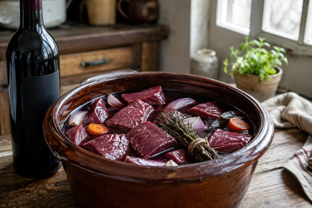 Morceaux de bœuf en marinade dans une terrine, vin rouge, oignons en quartiers, carottes et bouquet garni, table en bois