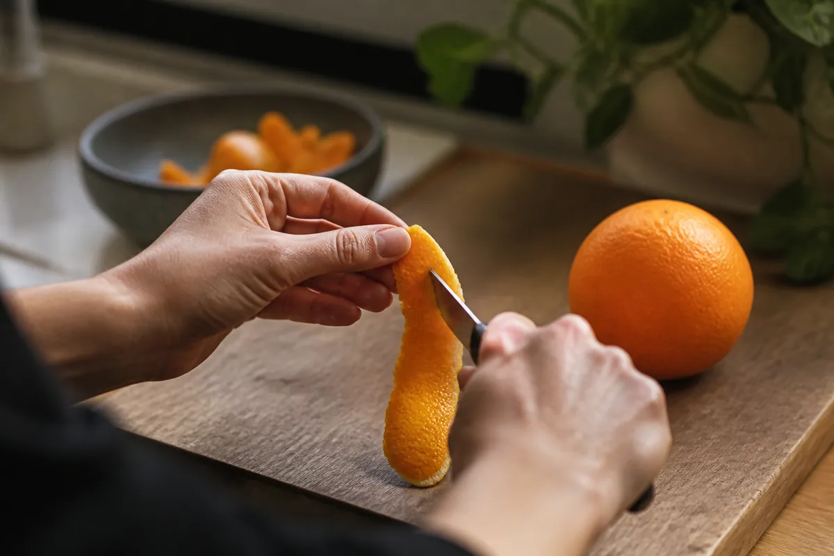 Main vue de dos qui pèle une lanière d'écorce d'orange au couteau d'office au-dessus d'une planche en bois