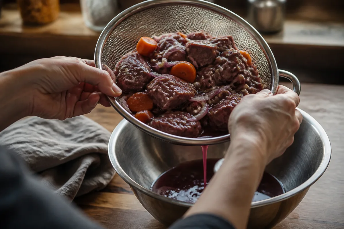 Mains vues de dos qui égouttent des morceaux de bœuf marinés dans une passoire au-dessus d'un saladier, vin rouge qui coule, cuisine de maison