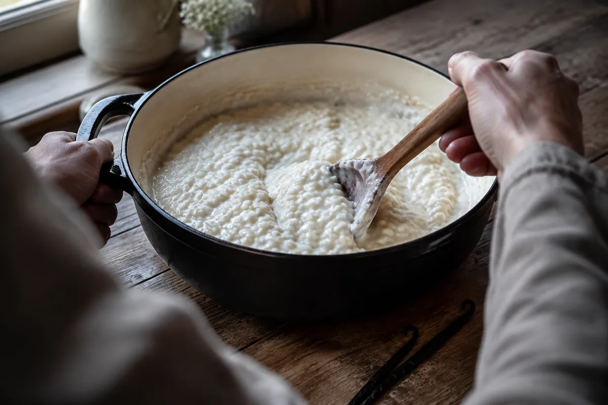 Riz au lait remué à la cuillère en bois dans une casserole en fonte émaillée, gousse de vanille fendue, mains vues de dos, table en bois
