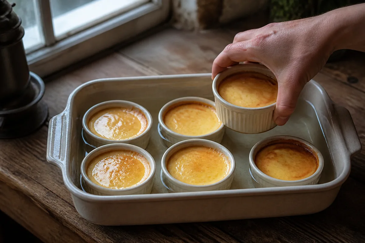 Six ramequins d'œufs au lait dans un plat à gratin rempli d'eau pour le bain-marie, main de dos qui en soulève un, lumière de fenêtre