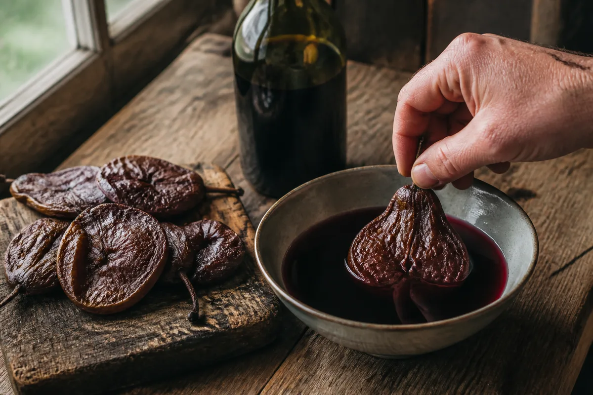 Poires tapées séchées et aplaties sur une planche en bois, une main vue de dos qui en pose une dans un bol de vin rouge, bouteille sans étiquette, table en bois rustique, lumière de fenêtre