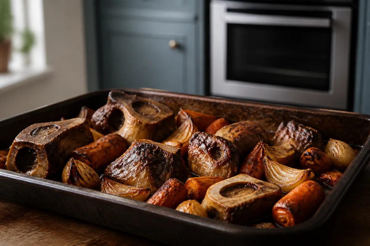 Os de veau et légumes rôtis dans une plaque de four posée sur le plan de travail, bien colorés, four éteint derrière