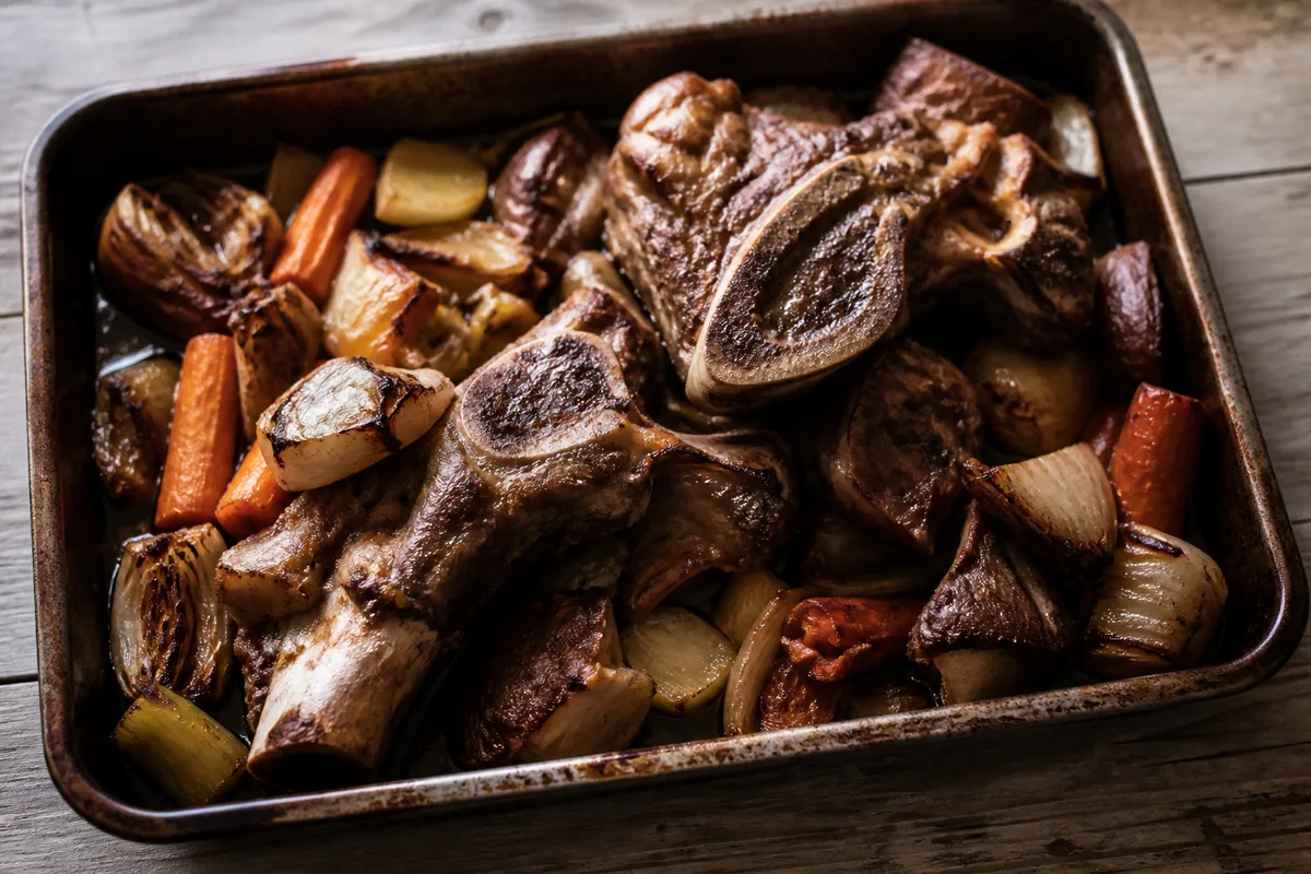 Os de veau et légumes rôtis dans une plaque de four, colorés sans être noirs