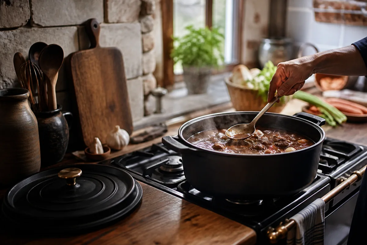 Bœuf bourguignon qui mijote dans une cocotte en fonte, une main le remue à la louche, couvercle posé à côté