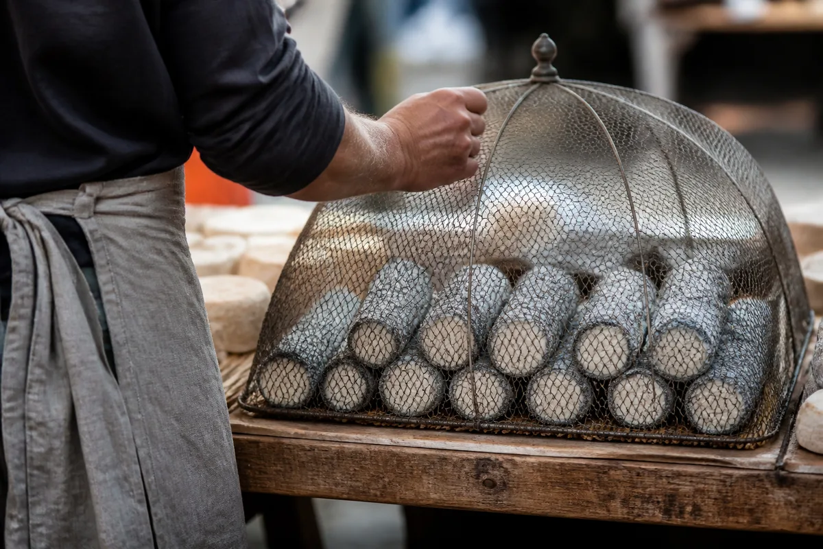 Bûches de fromage de chèvre cendrées sous une cloche grillagée sur un étal de marché, main du fromager de dos, jour