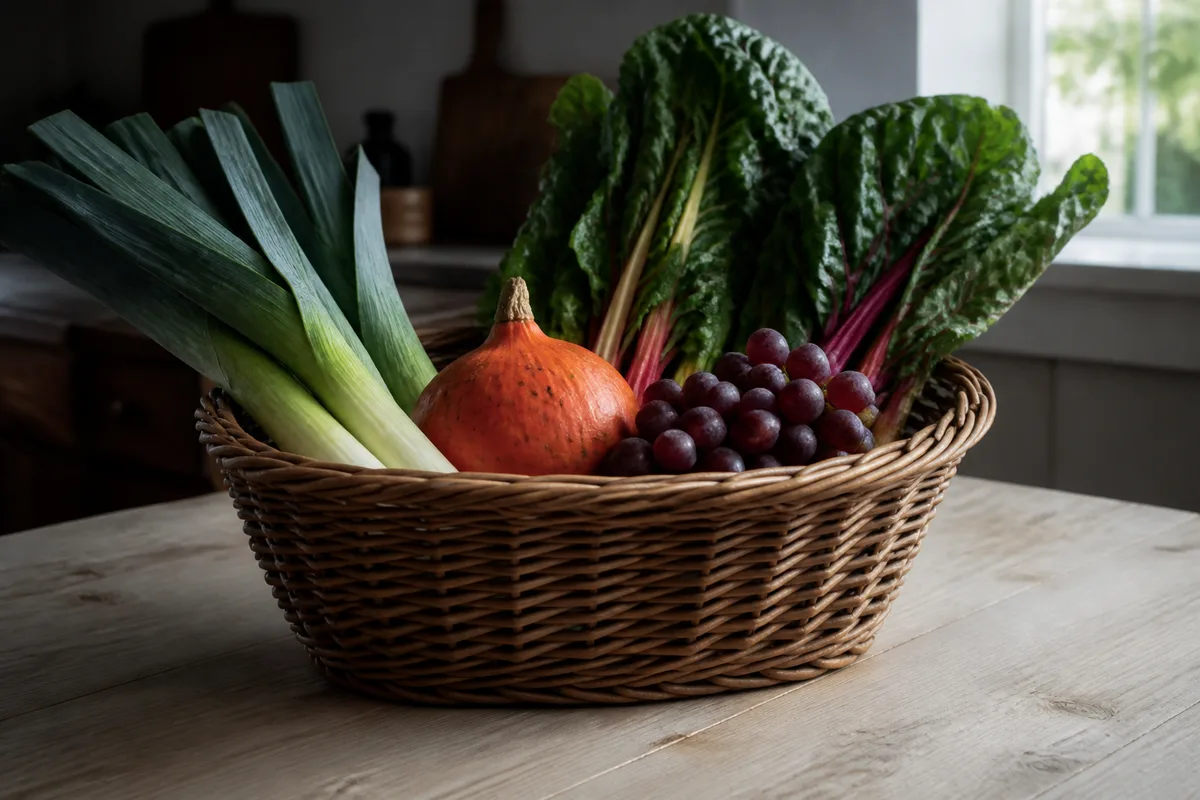 Panier en osier sur une table en bois : poireaux primeurs, potimarron, raisin et blettes, lumière de fenêtre
