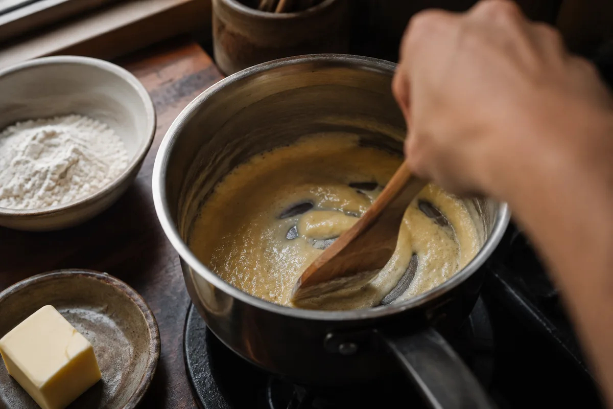 Roux blond en cours de cuisson dans une casserole, spatule en bois tenue par une main de dos, farine et beurre sur le plan de travail
