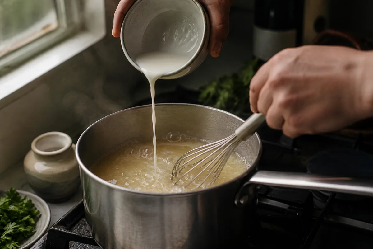 Fécule délayée dans un bol avec un peu de bouillon, fouet à main, versée en filet dans une sauce claire qui frémit, main de dos