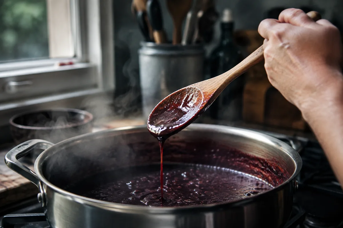 Casserole large de sauce au vin rouge qui réduit à découvert, cuillère en bois nappée tenue par une main de dos, lumière de fenêtre