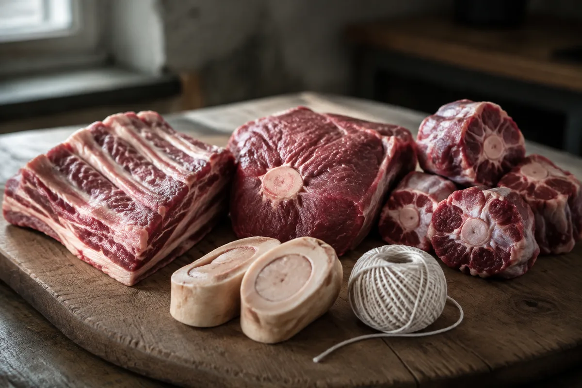 Trois morceaux de bœuf crus sur une planche, plat de côte, gîte et tronçons de queue, deux os à moelle, ficelle de cuisine, lumière de jour