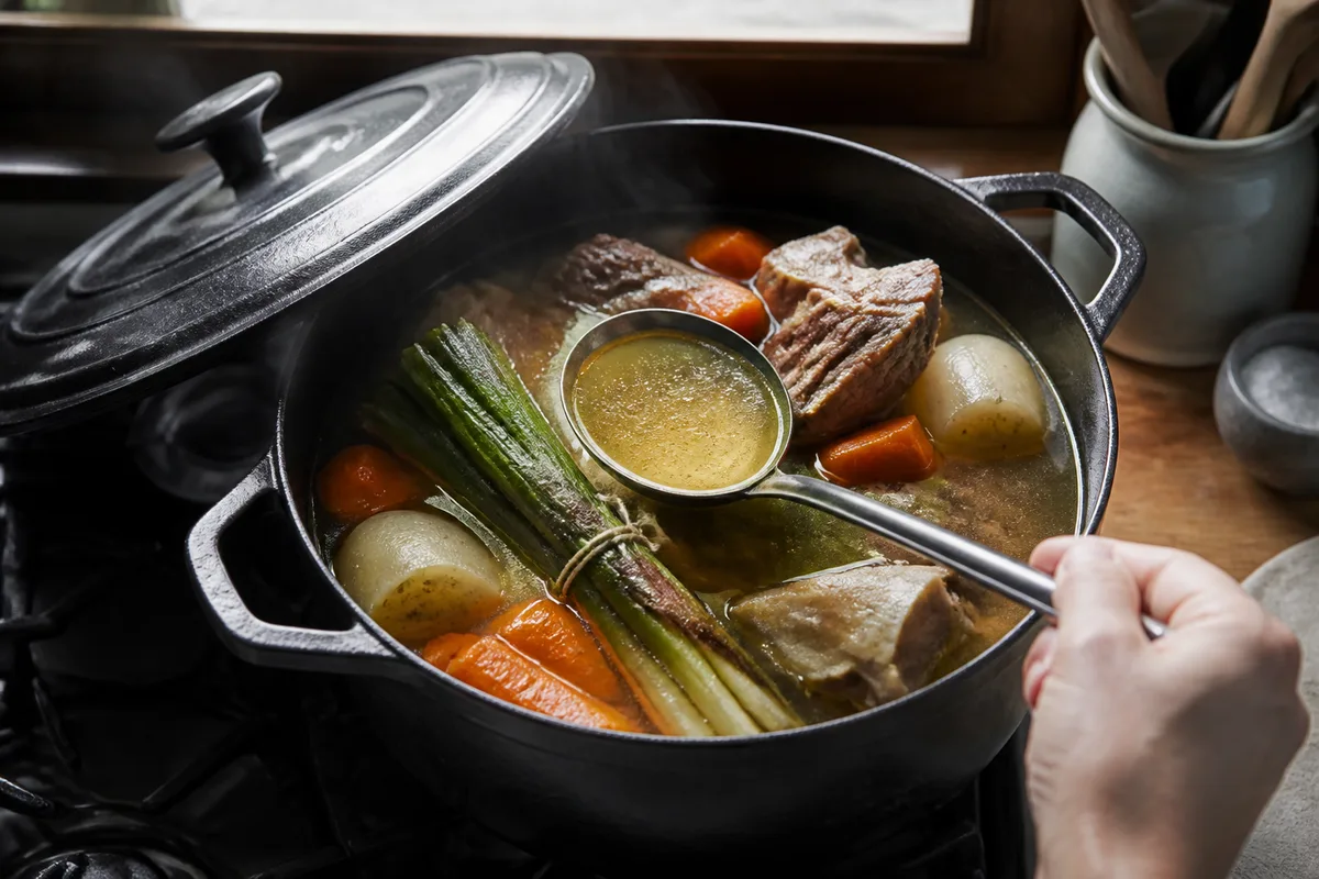 Marmite de pot-au-feu ouverte sur une cuisinière de maison, viandes et légumes qui frémissent dans un bouillon doré, couvercle posé de biais, main vue de dos qui tient une louche