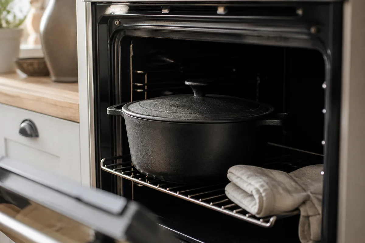 Cocotte en fonte fermée sur la grille d'un four de maison, porte entrouverte, gants de cuisine en lin posés à côté