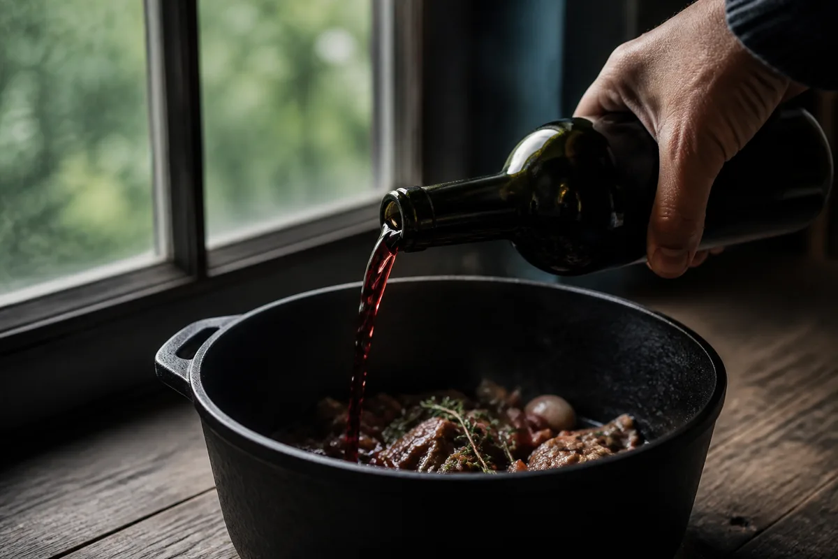 Main vue de dos qui verse du vin rouge d'une bouteille sans étiquette dans une cocotte en fonte ouverte, table en bois, jour de fenêtre