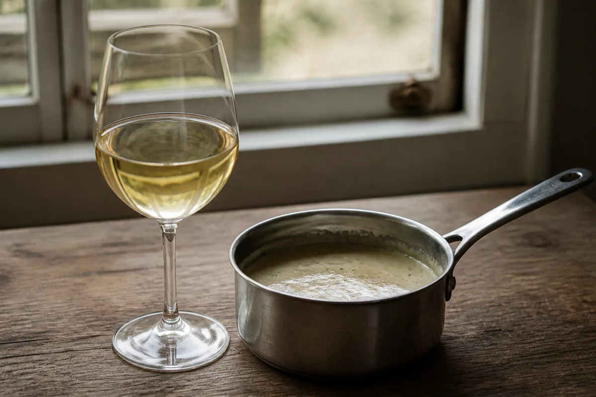 Verre de vin blanc et casserole de sauce à la crème posés côte à côte sur une table en bois, fenêtre derrière, aucune lampe