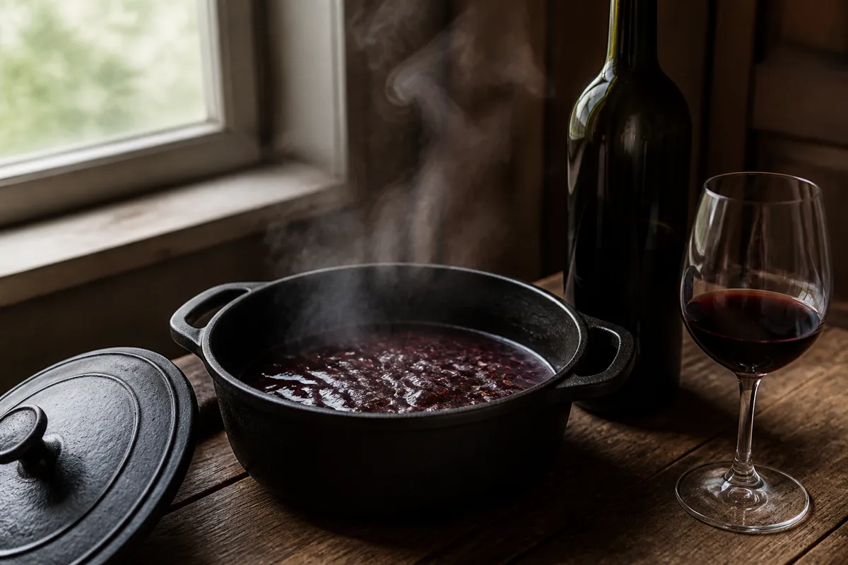Cocotte en fonte ouverte sur une sauce au vin rouge qui frémit, bouteille sans étiquette et verre à côté, table en bois, lumière de fenêtre
