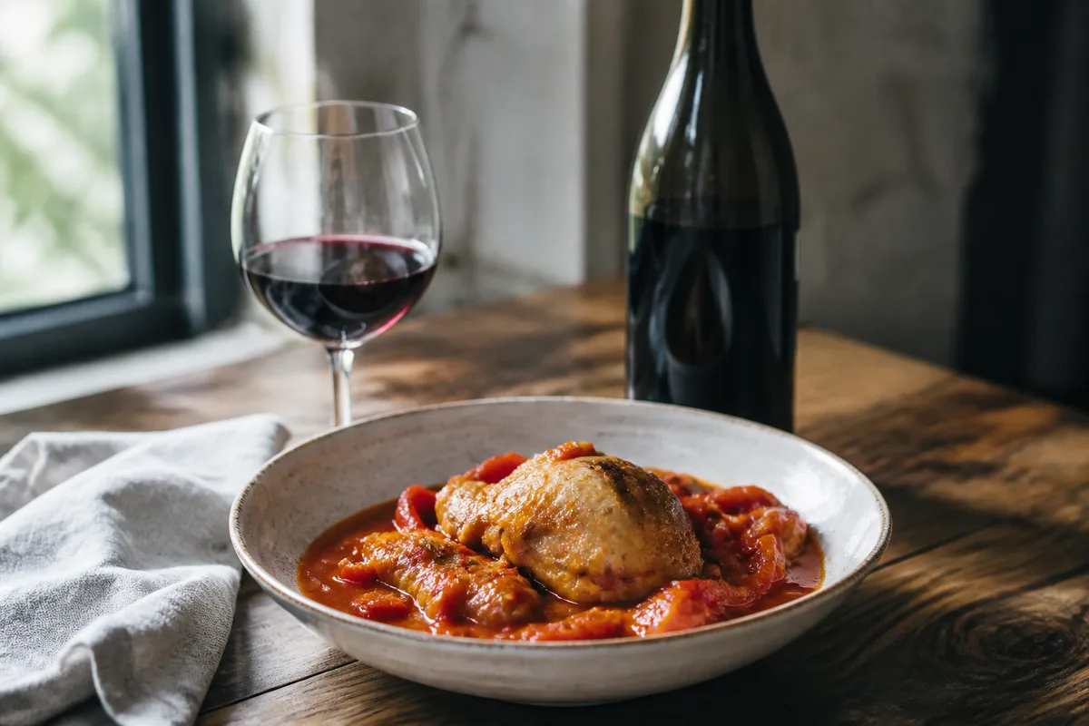 Assiette de poulet à la tomate et au poivron, verre de vin rouge et bouteille sans étiquette sur une table en bois près d'une fenêtre, jour