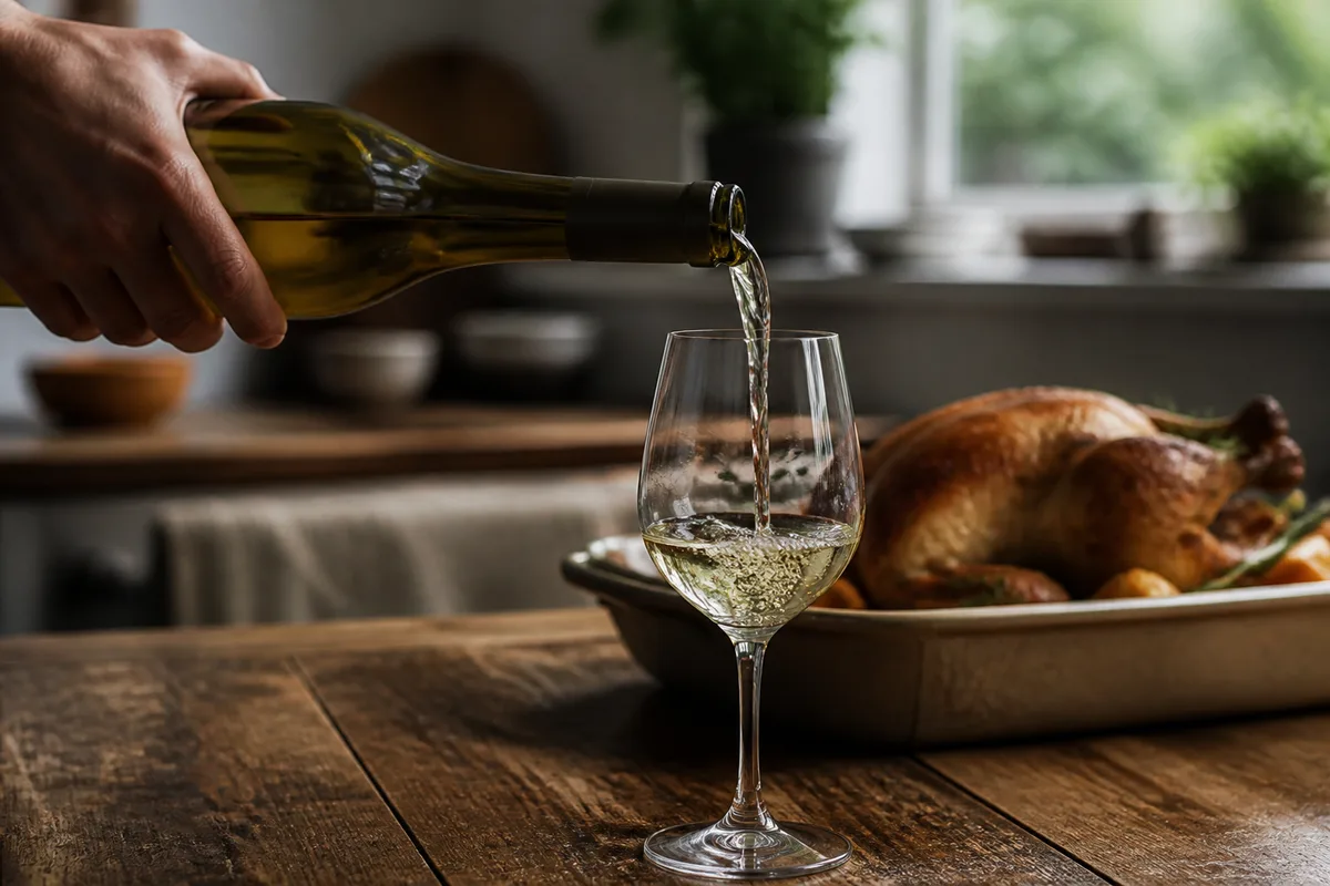 Main vue de dos qui verse du vin blanc d'une bouteille sans étiquette dans un verre, poulet rôti dans son plat en arrière-plan, jour de fenêtre
