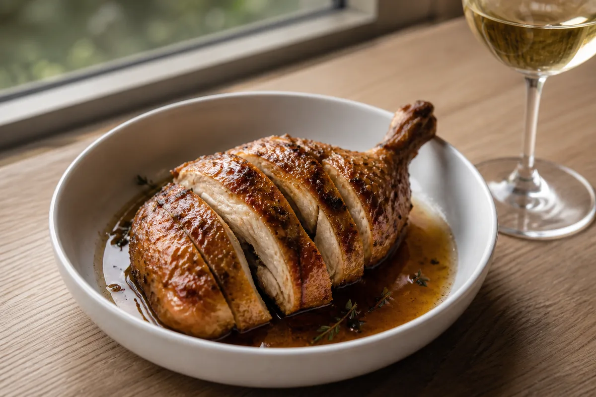 Cuisse de poulet rôti tranchée dans une assiette creuse avec son jus, verre de vin blanc, table en bois clair, fenêtre en fond