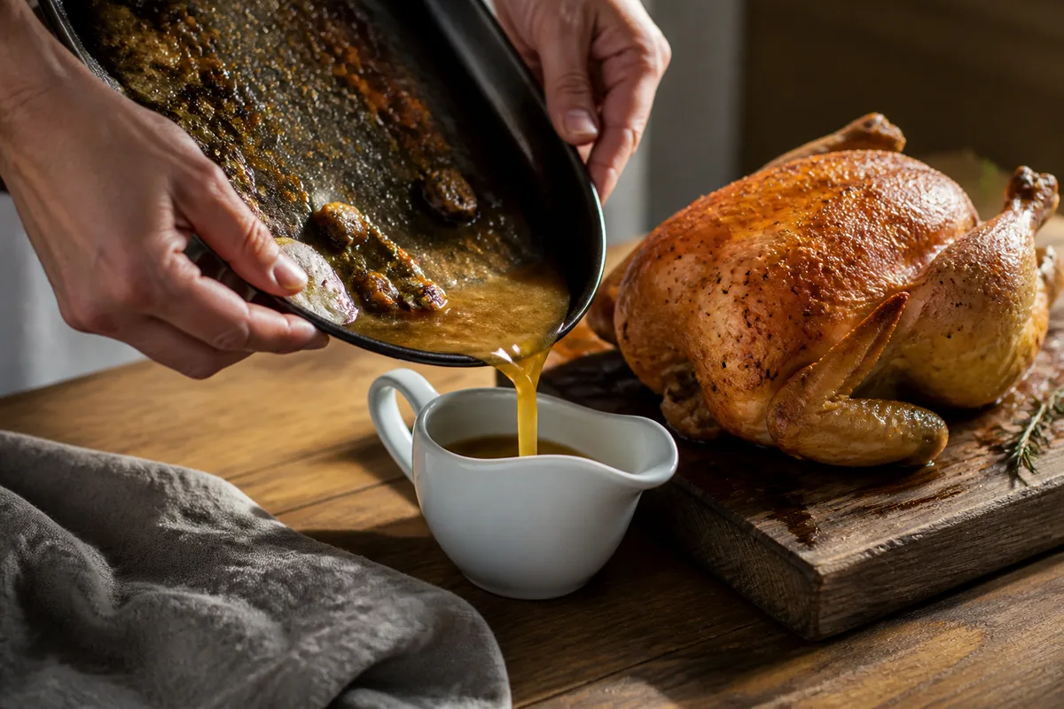 Mains vues de dos qui versent le jus de cuisson d'un plat à rôtir dans une saucière, poulet rôti qui repose sur une planche à côté, table en bois, jour de fenêtre