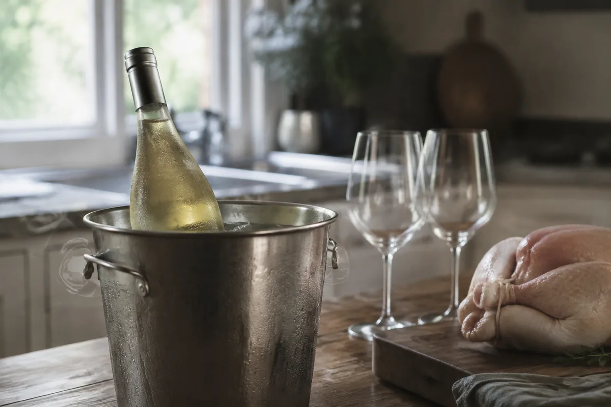 Bouteille de vin blanc sans étiquette dans un seau d'eau fraîche sur une table de cuisine en bois, deux verres vides, poulet cru ficelé sur une planche à côté