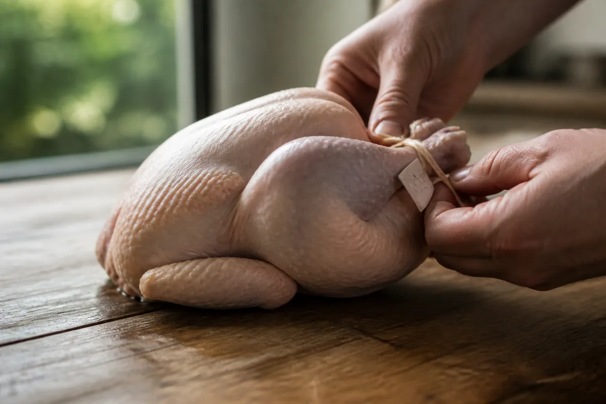 Mains qui retournent un poulet cru pour lire l'étiquette nouée à la patte, table de cuisine, jour