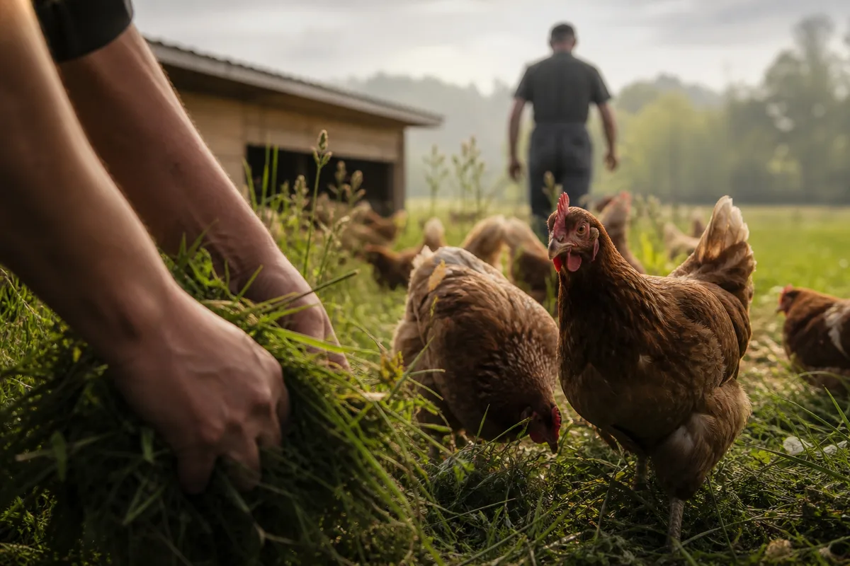 Poulets en plein air sur un parcours herbeux devant un bâtiment d'élevage bas, éleveur de dos au fond