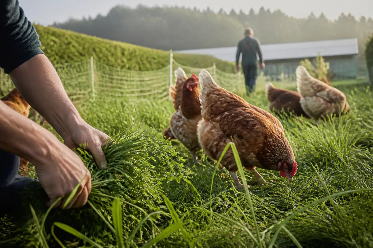 Poulets sur un parcours herbeux devant un bâtiment bas, éleveur de dos, matin d'été