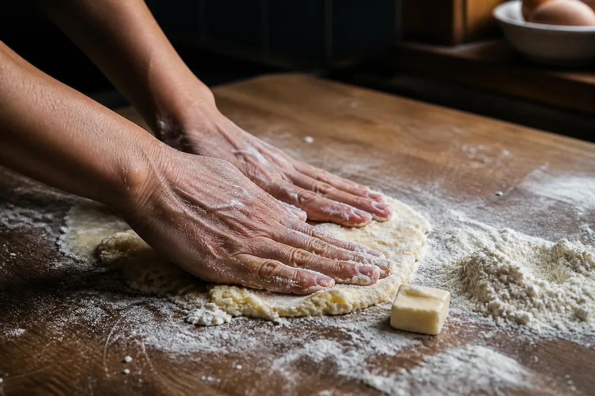 Mains vues de dos qui fraisent une pâte brisée sous la paume sur un plan de travail fariné, beurre et farine à côté