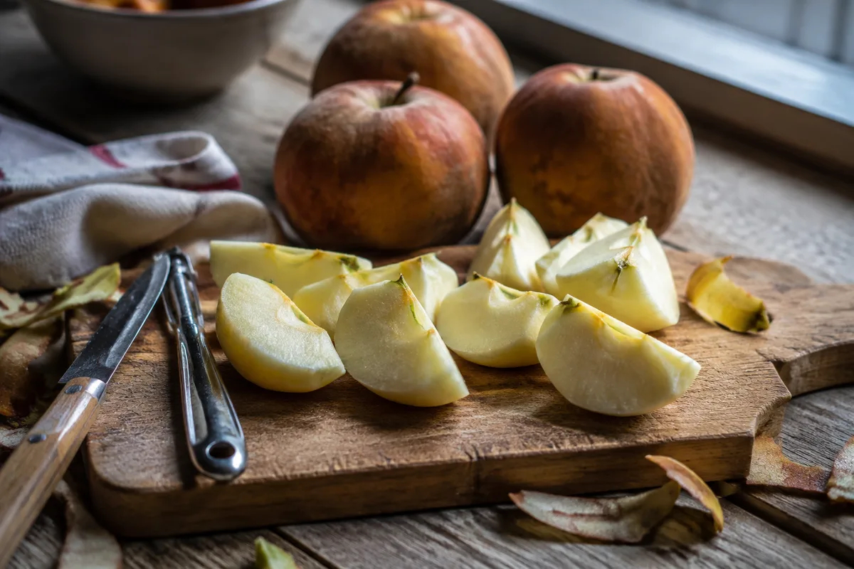 Reinettes pelées et coupées en quartiers sur une planche en bois, couteau d'office, pommes entières à la peau rugueuse en fond
